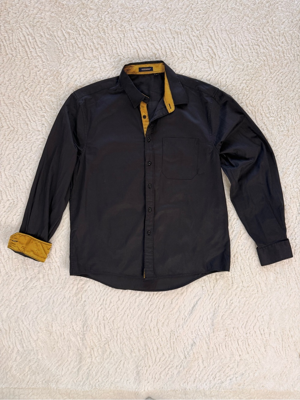 Hisdern Men’s Black Dress Shirt with Gold Contrast Trim